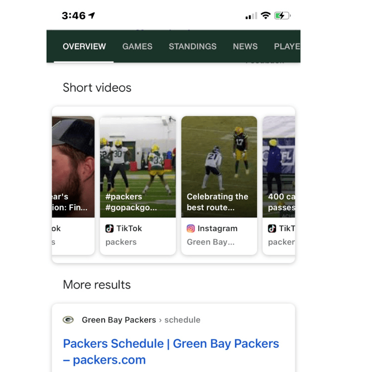 social media marketing strategy - google search results with short video option
